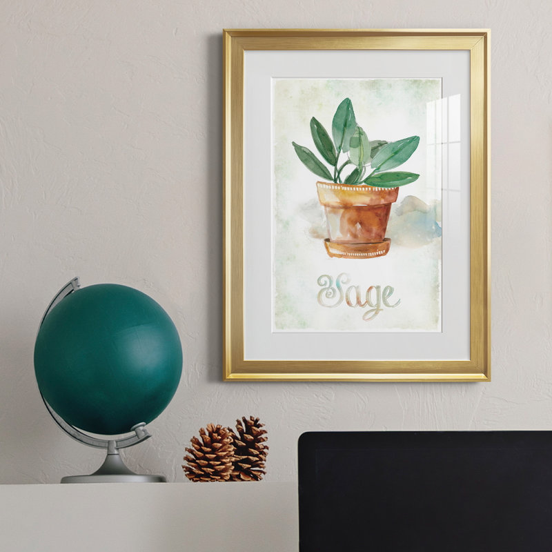 Sauge en pot - peinture sur toile encadrée, H 30,5 po x l 22,5 po x P 1 po, Or