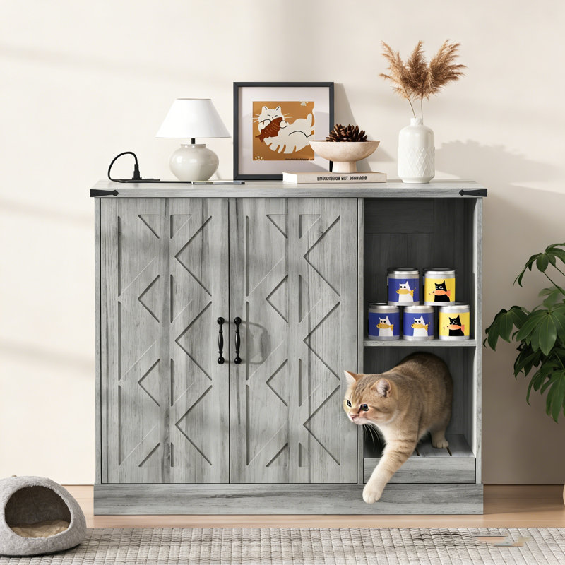 Armoire à litière pour chat avec prise de courant, meuble à litière moderne pour grandes boîtes à litière automatiques, bac à litière caché avec bac à litière, tablettes de rangement réglables, gris