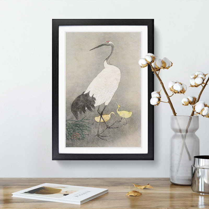 Crane & Chicks by Ohara Koson - Picture Frame Painting Print, 48cm H x 36cm W x 2cm D, Black Framed