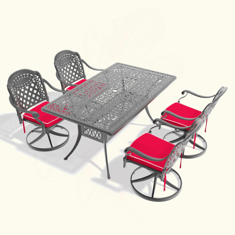 Cet ensemble de salle à manger en fonte d'aluminium toutes saisons comprend des chaises pivotantes et une table rectangulaire avec cadre noir