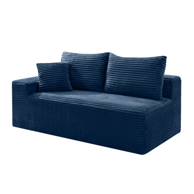 Blue Corduroy Ground-Hugging Compressed Loveseat, Armless No-Legs 2-Seater Sofa for Living Room Small Apartment