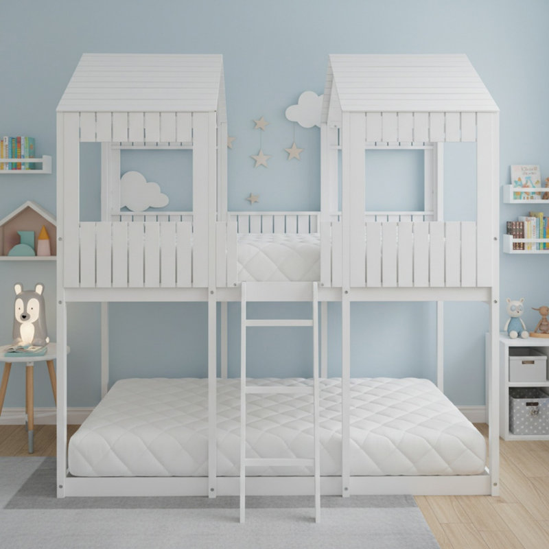 Lit superposé double en bois massif avec toit, fenêtre, garde-corps et échelle pour chambre à coucher, Blanc