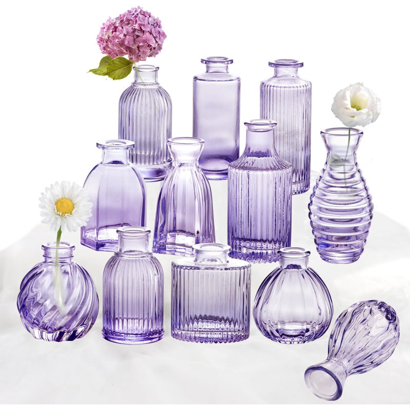 Ensemble de 12 vases à bourgeons en verre, petits vases mauves en verre pour fleurs