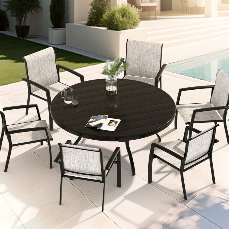 Outdoor Round Patio Table, All - Weather Steel, 40.6"X40.6", Umbrella Hole, Black For Backyard And Lawn Coffee Table Outdoor, Metal, 40.6"X40.6"X28.32", Garden
