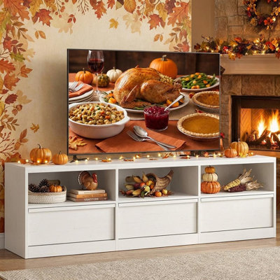 Mid-Century Modern TV Stand for 85 Inch TVs, Entertainment Centre with 3 Drawers & Open Shelves, White