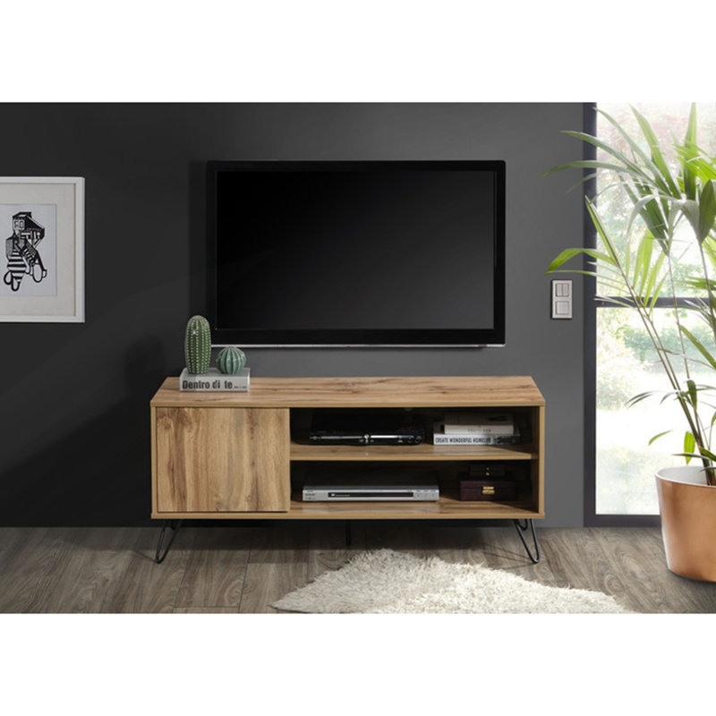 Meuble télé moderne, console multimédia pour téléviseur de 50 à 55 po avec 2 tablettes et armoire, Chêne