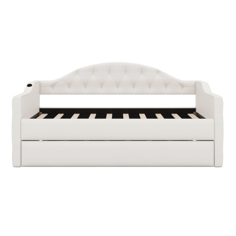 Lit de jour capitonné capitonné avec couchette, avec ports de charge USB et Type-C, Beige