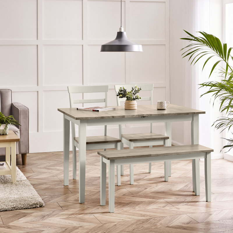 Alissah Solid Wood Extending Dining Table With Whitley Chairs & Alcazar Bench - Rustic Farmhouse, White/Gray