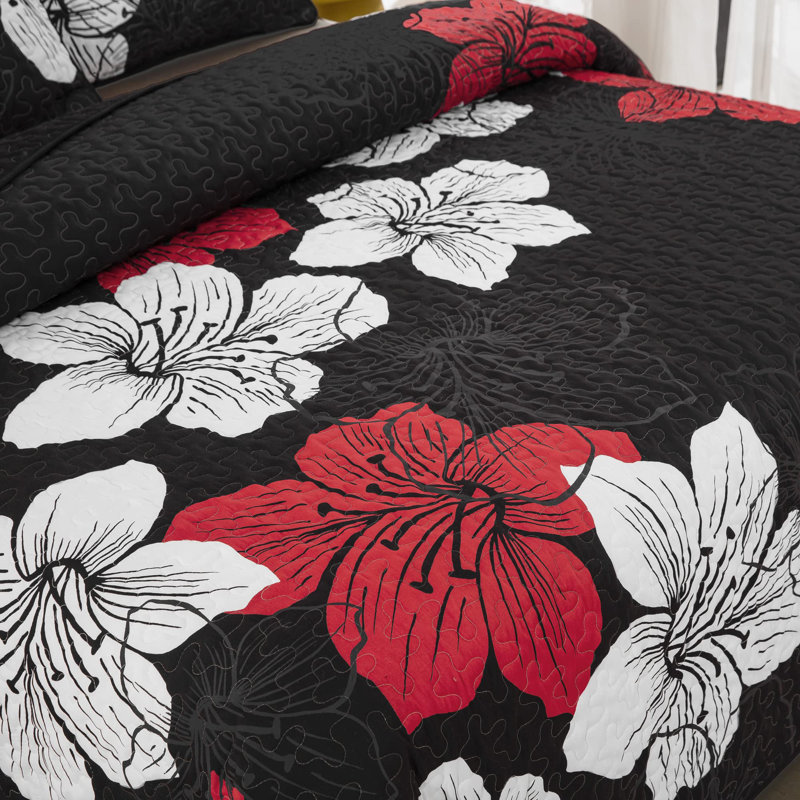 Ensemble de courtepointe à motif floral 3 pièces avec taies décoratives, Courtepointe pour lit grand + deux taies décorati