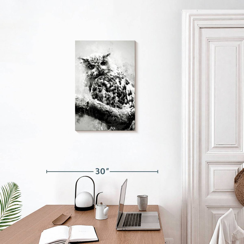 Brampt Owl Looking Black And White, 24" H x 16" W