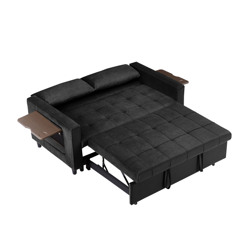 Canapé-lit convertible multifonctionnel, canapé capitonné noir avec lit escamotable, tables d'appoint et porte-gobelets pour chambre d'amis