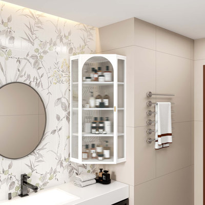 Glass Door Wall Mounted Corner Cabinet With 4-Tier Storage