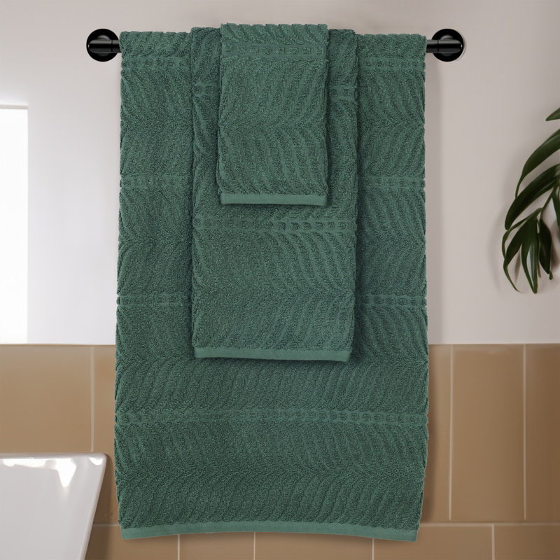 Flaxberry Chevron Zero Twist Jacquard Cotton 3 Piece Bathroom Towel Set, Forest Green