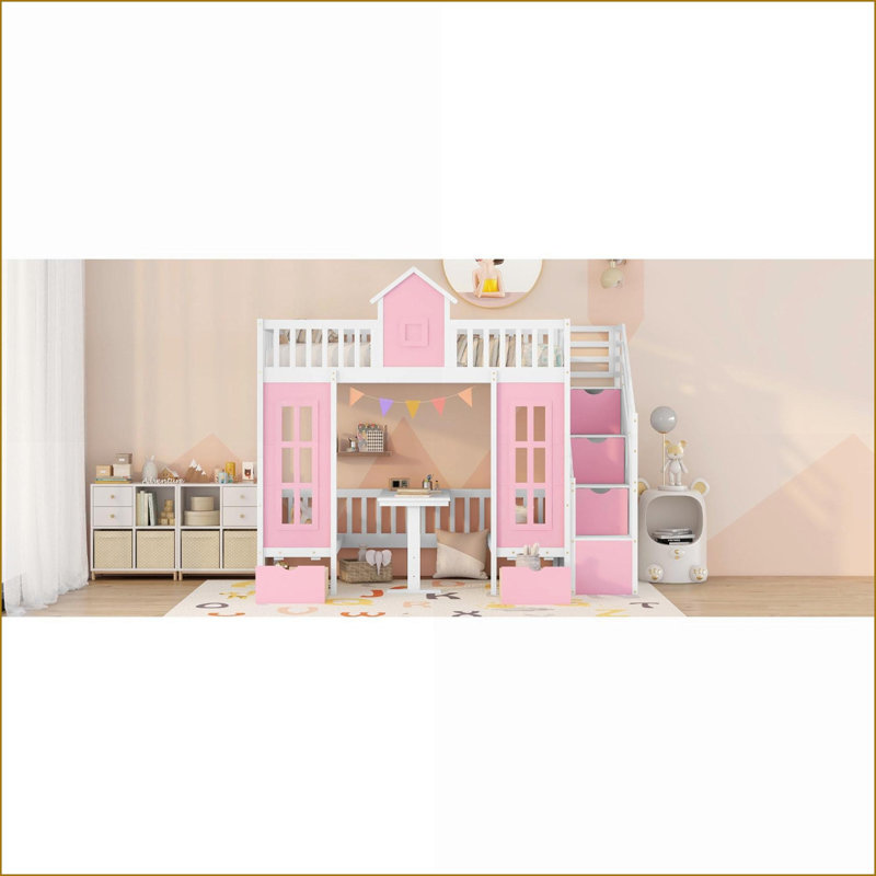 Twin Over Twin Convertible Pinewood Bunk Bed with Desk - White/Gray/Pink for Small Bedrooms