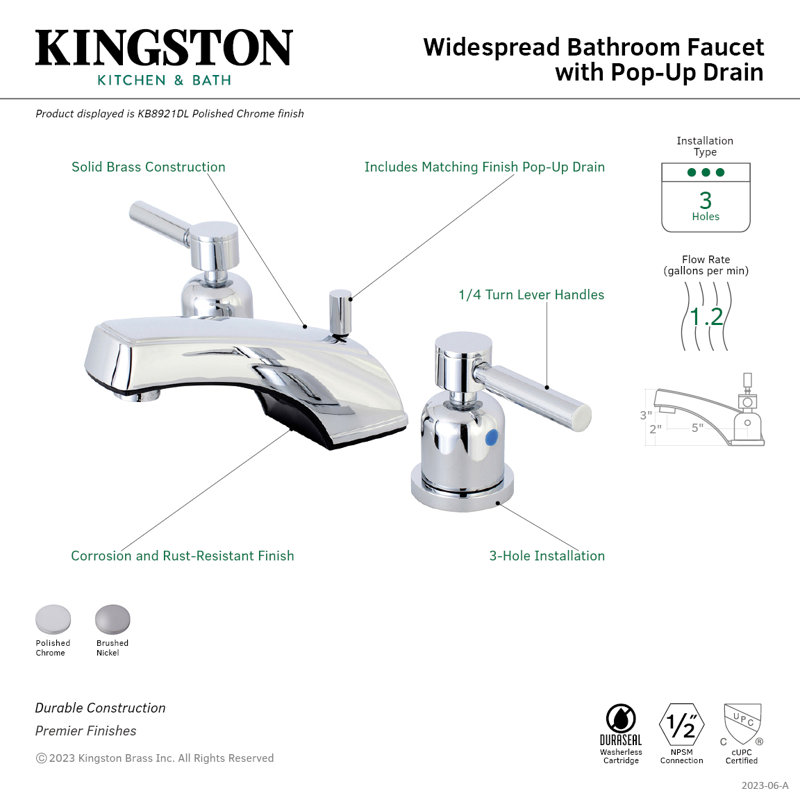 Kingston Brass Concord Two-Handle 3-Hole Deck Mount Widespread Bathroom Faucet with Retail Pop-Up Drain, Polished Chrome