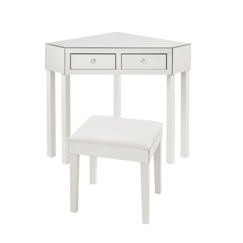 Amaris Mirrored 2 Drawers Corner Makeup Vanity Table with Stool, White Corner