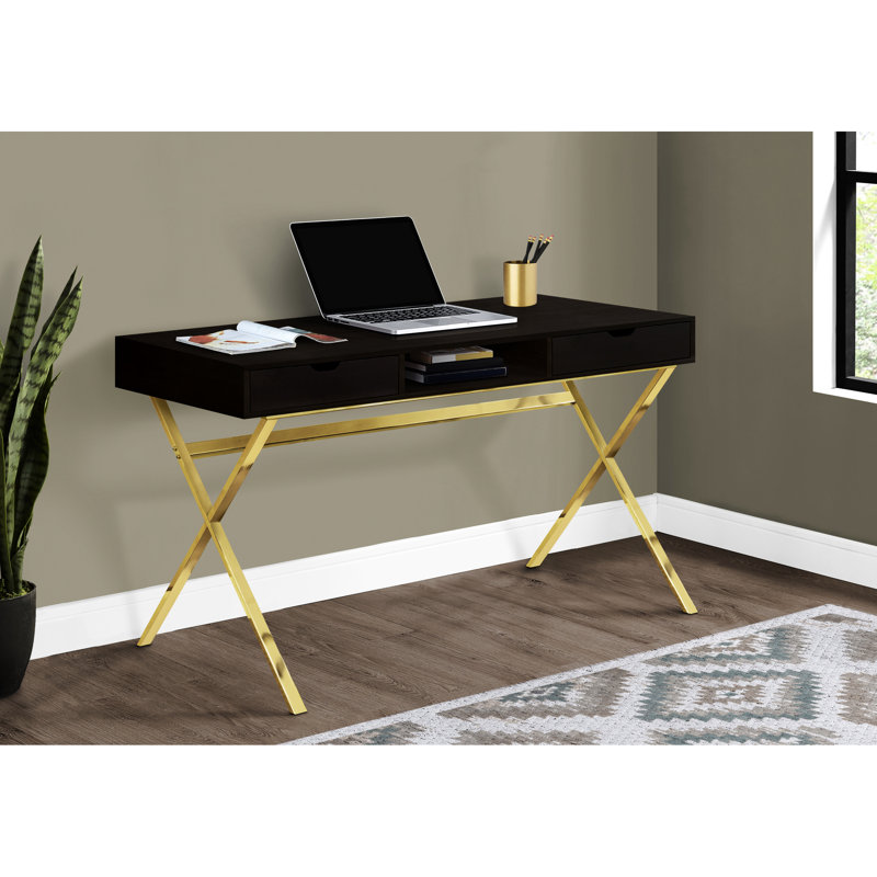 Bureau d'ordinateur pour petites maisons, bureau à domicile, avec stratifié brun et métal doré, l 48 po, espace de rangement de bureau moderne avec rangement fonctionnel, couleur, base en métal doré