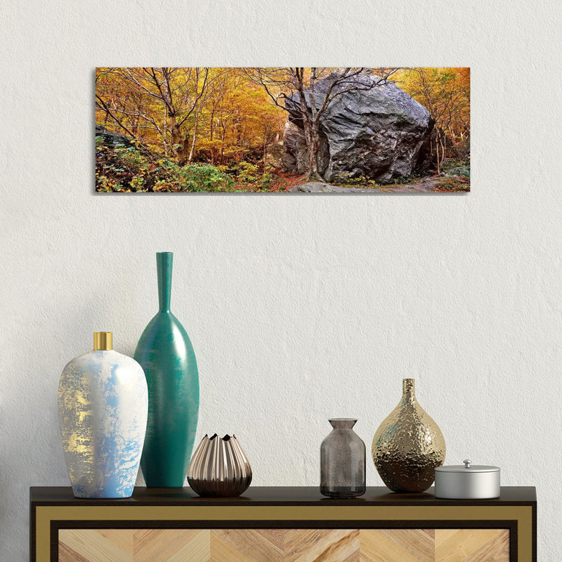 Big Boulder In A Forest, Stowe, Lamoille County, Vermont, USA - Wrapped Canvas Panoramic Print