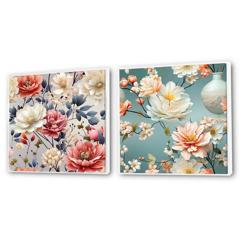 Crader - Ensemble de 2 collages carrés floraux, Cadre flottant blanc, H 36 po x l 73 po