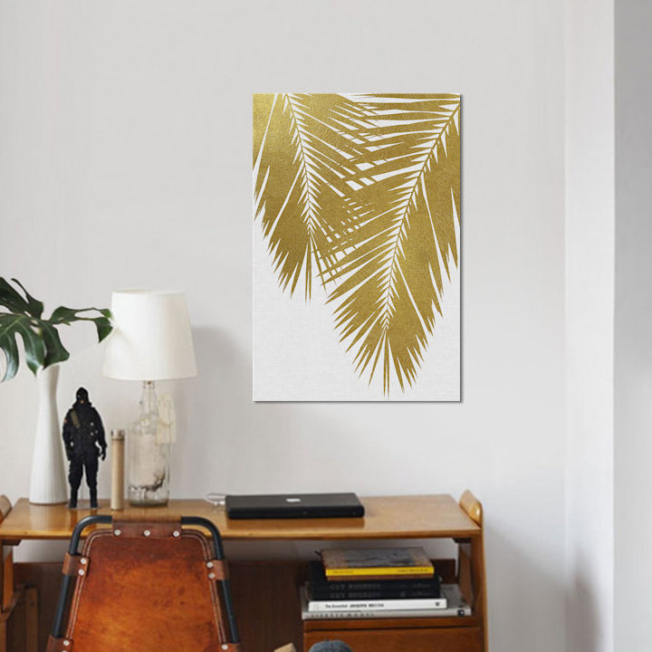 « palm leaf ii », reproduction d’impression sur toile dorée, H 18 po x l 12 po x P 1,5 po, Toile tendue, Pas de tapis