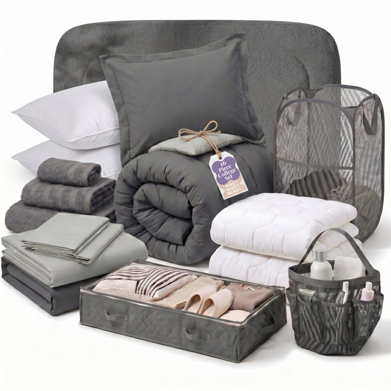 Ensemble de dortoir pour Collège simple 16 pièces AMYX, bouclé headboard, Grey, Down Alternative pillows