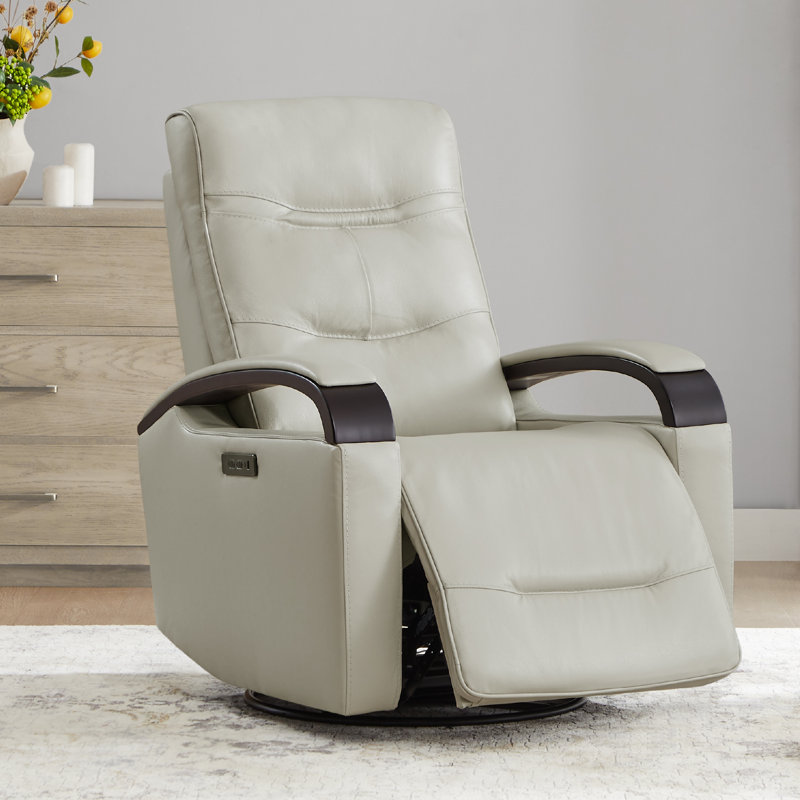 Britnee Genuine Leather Swivel Power Recliner, Light Gray Genuine Leather
