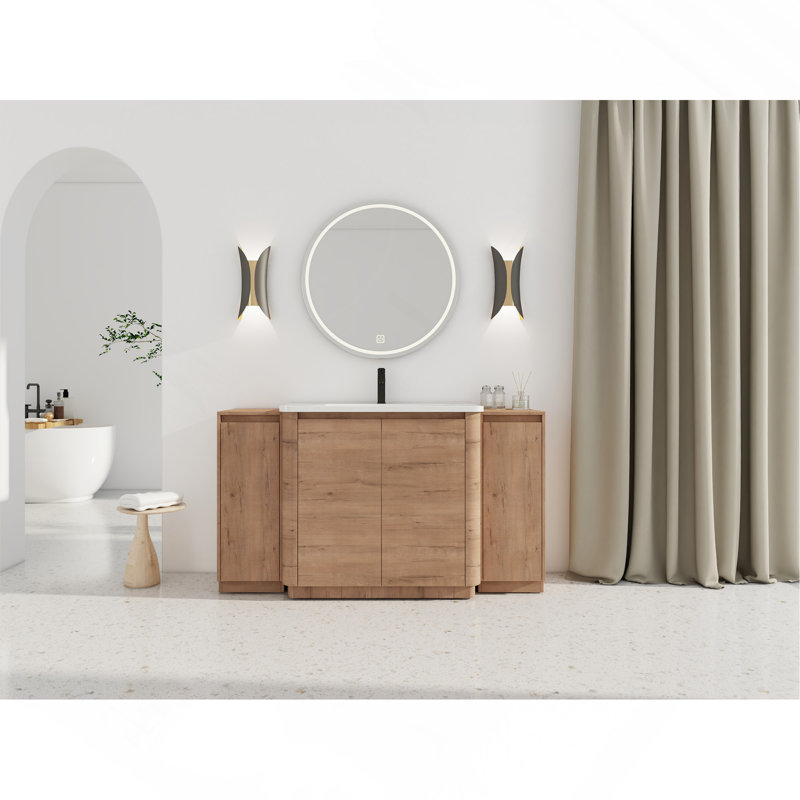Meuble-lavabo autoportant de 60 po avec lavabo en céramique blanche, 2 petites armoires de rangement, porte à fermeture en douceur, chêne imitation, contreplaqué