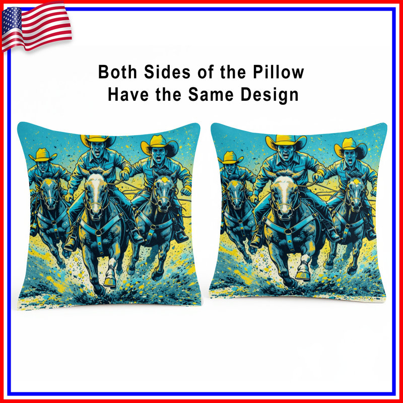 Coussins Cowboys Riding Horses, 14 X 14 pouces, Bleu vif / jaune vif