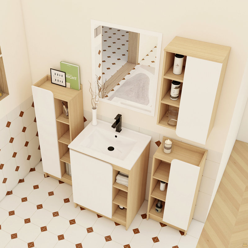 Ensemble de meuble-lavabo 4 pièces en chêne clair avec lavabo en céramique à bord mince, ensemble de meuble-lavabo avec armoires de rangement, panneaux de porte bicolores, ensemble KD