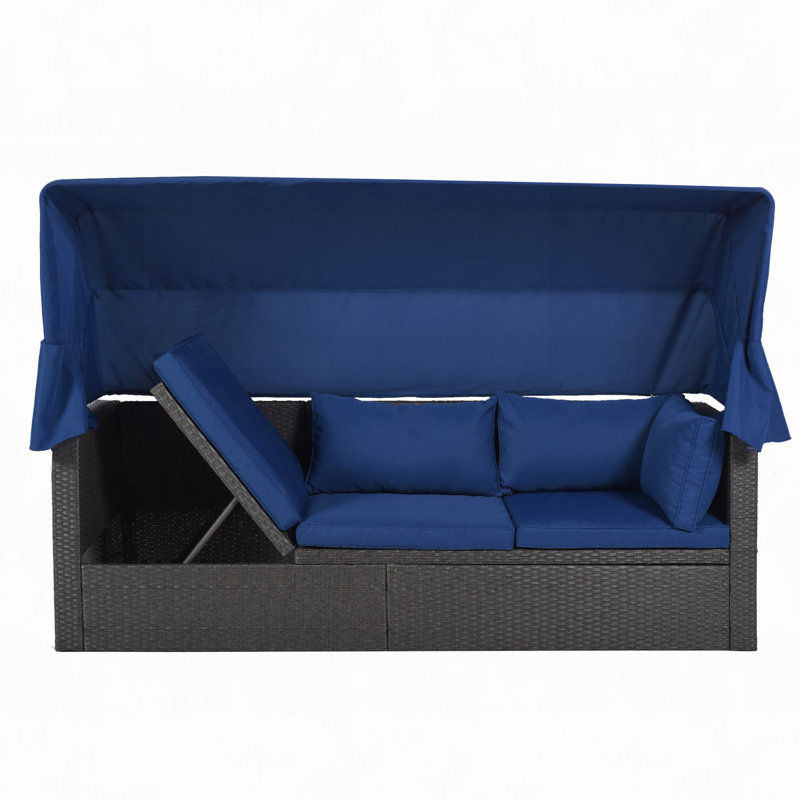 Outdoor Patio Rectangle Daybed With Retractable Canopy, Wicker Furniture Sectional Seating With Washable Cushions, Backyard, Porch
