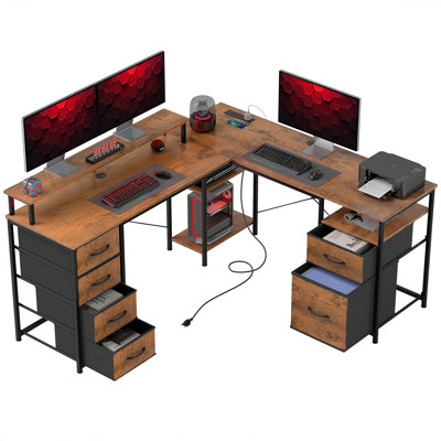 Bureau en L 66 po réversible avec classeur, bureau d'ordinateur avec lumières DEL, bois