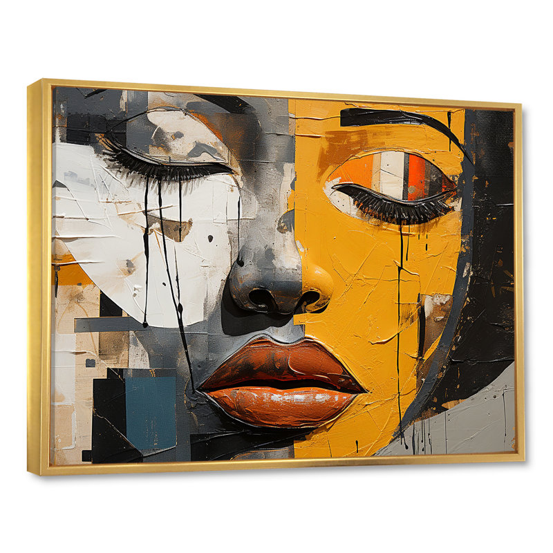 «Paint Collage African Woman II», art mural afro-américain, H 24 po x l 32 po x P 1 po, Cadre flottant doré