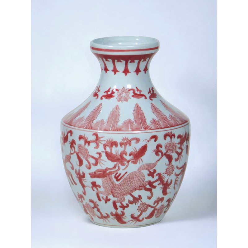 14" Porcelain Vase with Floral Design, Red/White