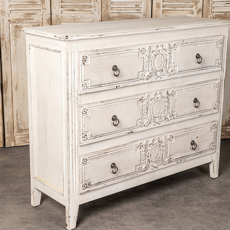 Armoire vintage en bois massif crème antique, 3 tiroirs, pour le rangement de l'espace de vie