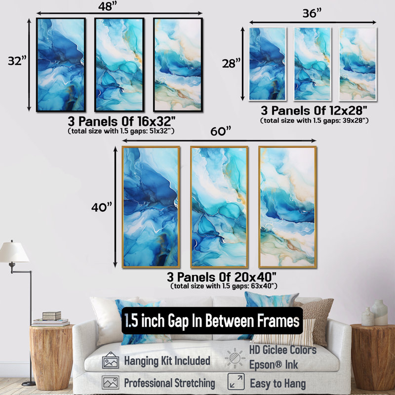 Encre liquide océan bleu et blanc - formes abstraites, ensemble d'art sur toile, Cadre flottant doré
