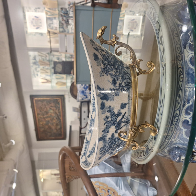 Blue White Floral Bird Oval Basin