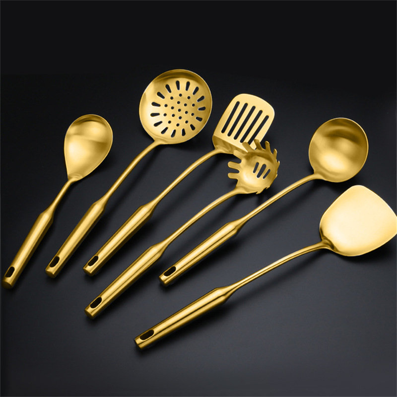 6-Piece Premium Gold-Toned Stainless Steel Cookware Set - Non-Stick Pots, Pans, Spoons For Kitchen Cooking