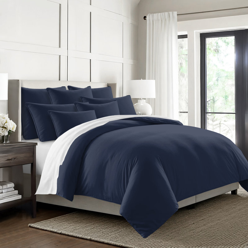 Ensemble d'édredon en coton standard 6 pièces Everleigh, Bleu marine, Twin Coverlet + 3 Additional Pieces