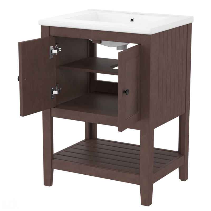 24" Modern Sleek Bathroom Vanity Elegant Ceramic Sink With Solid Wood Frame Open Style Shelf, Bathroom Vanity, Brown