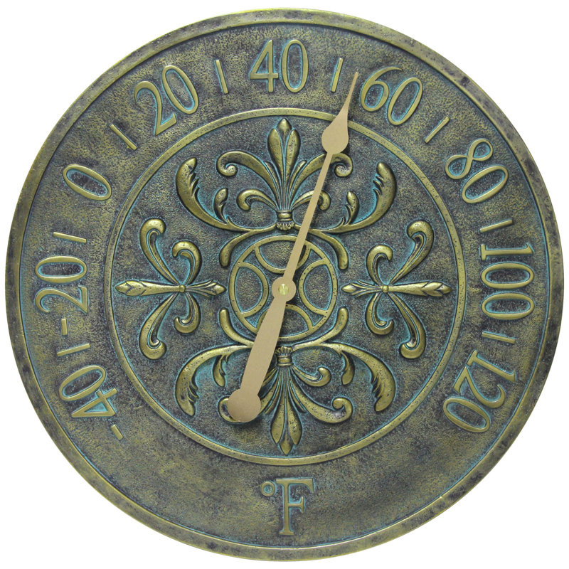 Thermomètre d'extérieur rond Blanc Fleur 15 pouces, Bronze vieilli
