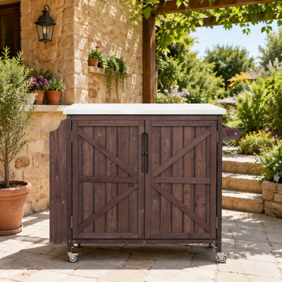 Îlot de cuisine extérieur polyvalent avec plateau en acier inoxydable, tablette latérale et armoire de rangement pour une cuisson et une préparation efficaces