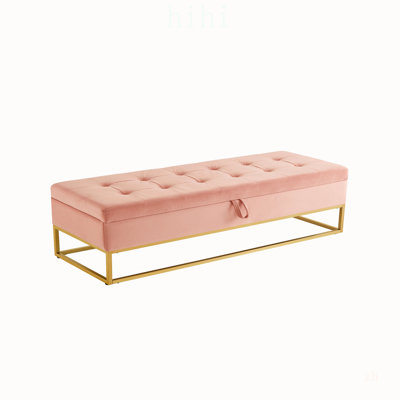 Luxurious Pink Velvet Bed Bench with Metal Base and Large Storage, Perfect for Modern Bedrooms and Living Rooms