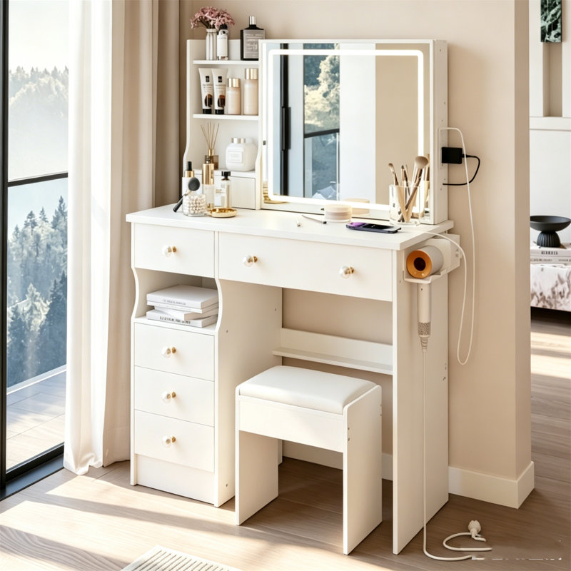 Ensemble de grande coiffeuse 31 po x 20 po à DEL avec tabouret rembourré, miroir à intensité variable 3 couleurs à commande tactile, coiffeuse compacte et spacieuse avec rangement pour les petits espaces