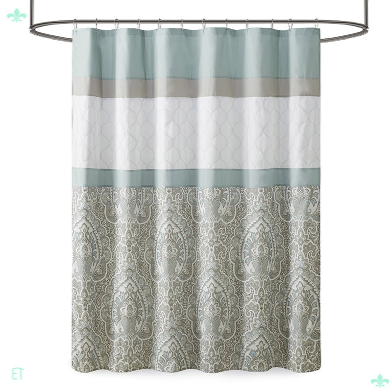 Keller Damask  Printed and Embroidered Single Shower Curtain, Seafoam