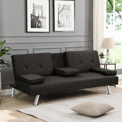 Lit brun foncé, structure en bois, pieds en acier inoxydable, accoudoirs et deux supports, futon assemblé par l'utilisateur, sièges ergonomiques