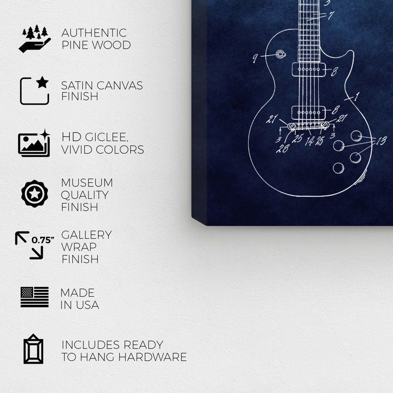 «Gibson Les Paul Guitar 1955 Blue Chalkboard», impression encadrée, H 24 po x l 16 po x P 0,75 po, Toile tendue