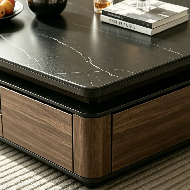 Rectangle Black Slate Storage Coffee Table, 17.71" H x 59.05" W x 31.49" D