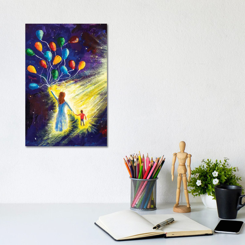 Mom And Son, A Family Fly In Space Cosmos 1 Piece Wrapped Canvas Painting, 20.32 cm H x 30.48 cm W
