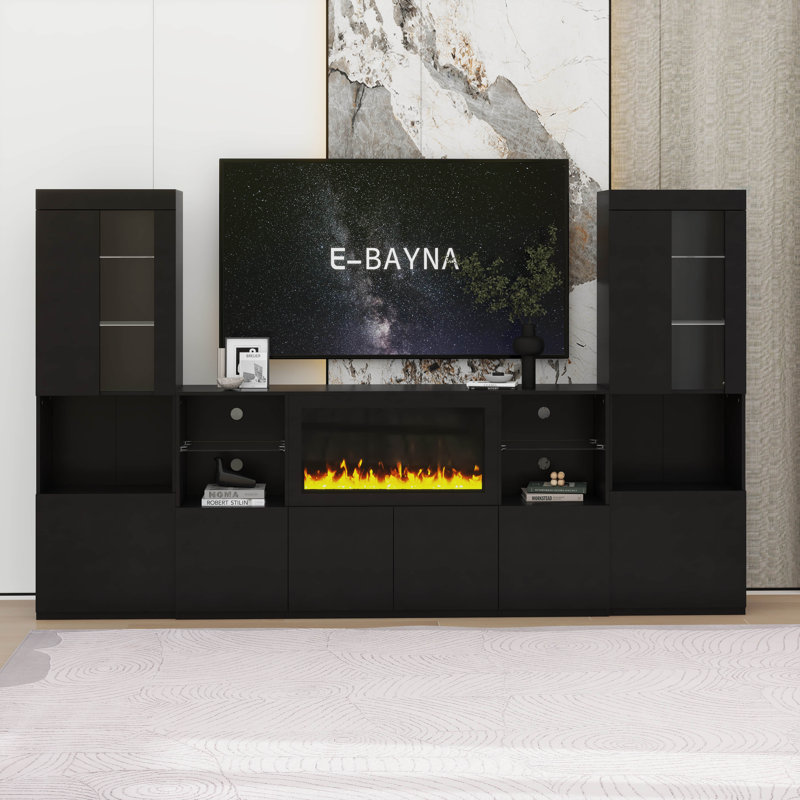 Meuble audio-vidéo avec rangement et foyer électrique non chauffant, Noir