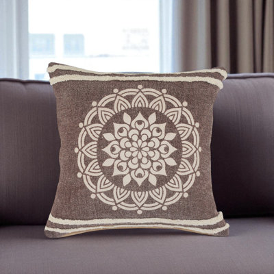 20" Brown And White Floral Medallion Cotton Throw Pillow